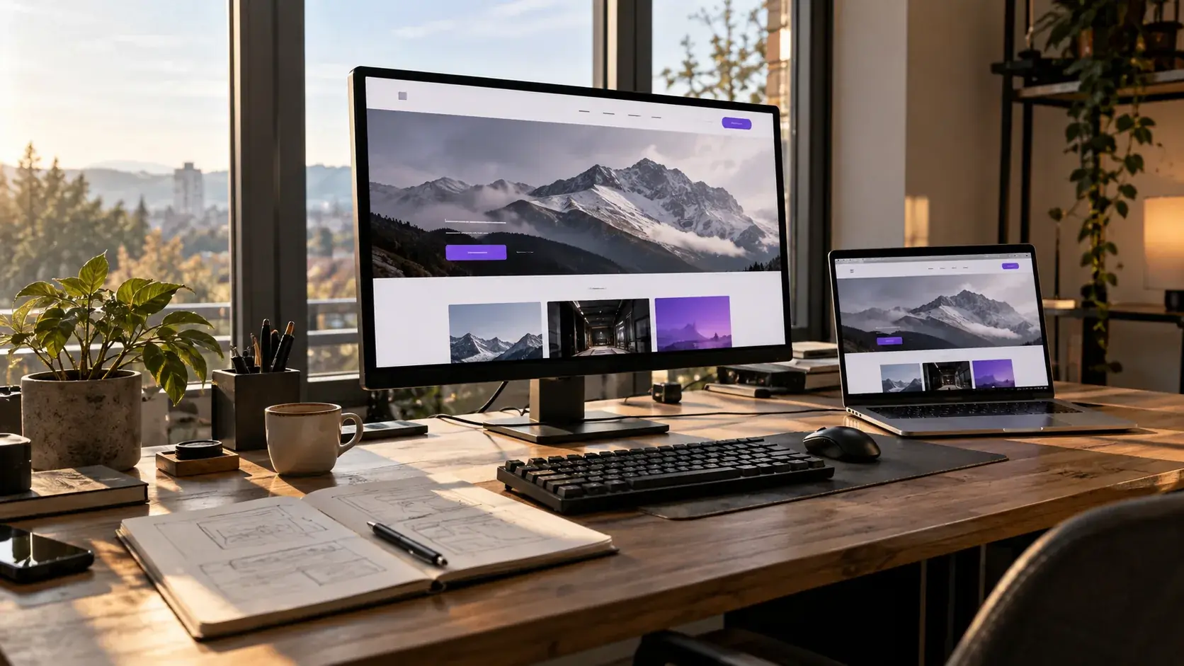 Heller Arbeitsplatz am Fenster: Auf einem großen Monitor und einem Laptop daneben ist dieselbe Website mit einem Bergmotiv zu sehen. Auf dem Holztisch liegen eine Tastatur, eine Kaffeetasse und ein Notizbuch mit Skizzen.