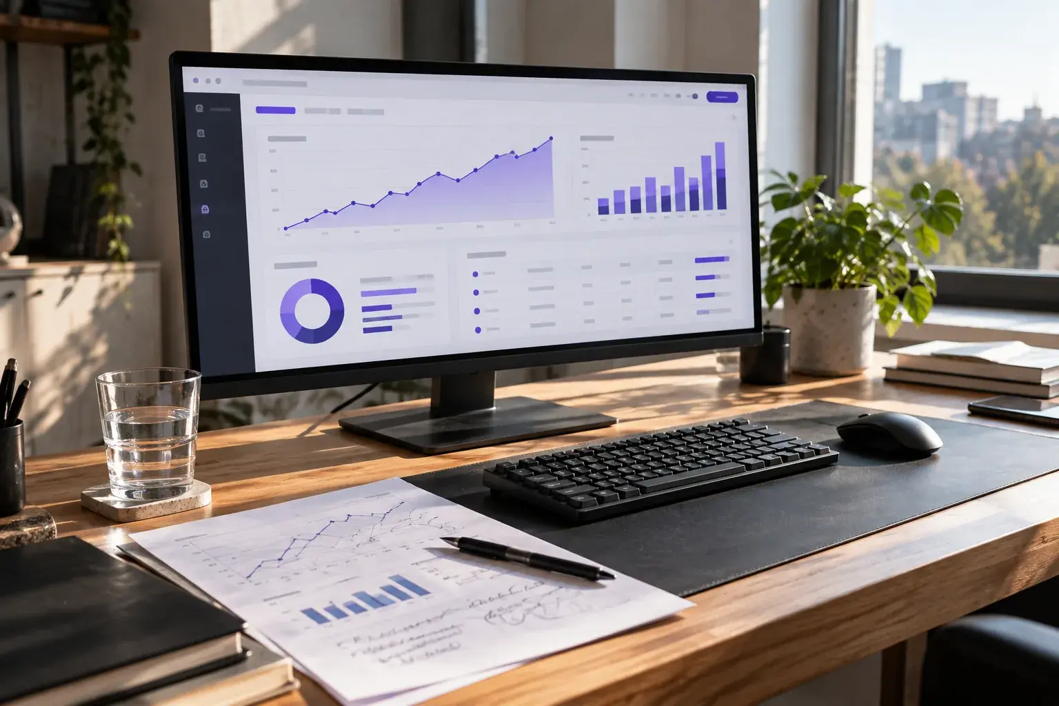 Monitor mit einer Auswertungsoberfläche: eine ansteigende Verlaufskurve, ein Balkendiagramm und ein Ringdiagramm in Violett. Vor der Tastatur liegt ein ausgedruckter Bericht mit handschriftlichen Anmerkungen und einem Stift.