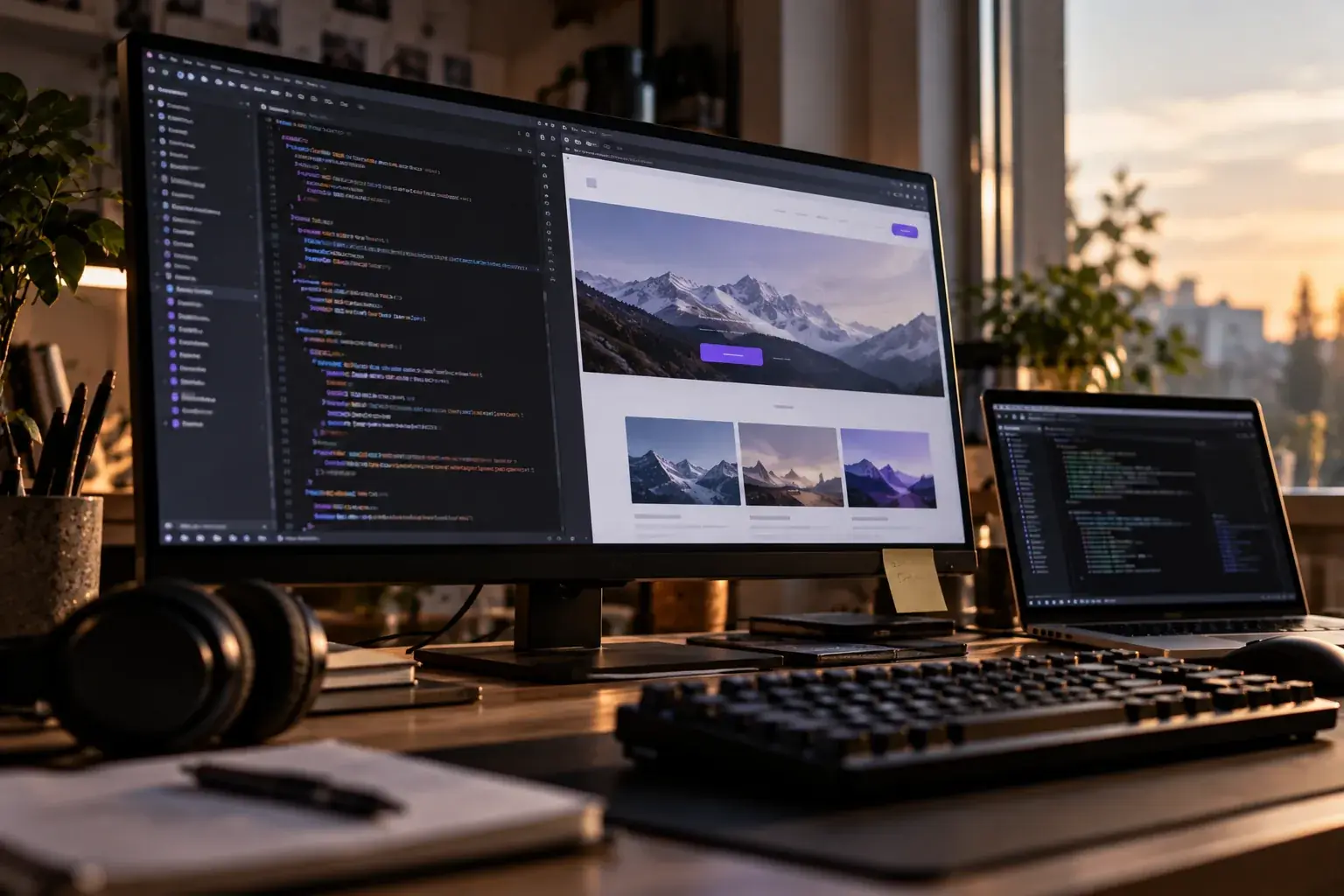 Entwicklungsarbeitsplatz im Abendlicht: Auf dem Monitor steht links ein Code-Editor und rechts die daraus entstandene Website, daneben ein Laptop mit weiterem Code. Im Vordergrund eine Tastatur und Kopfhörer.