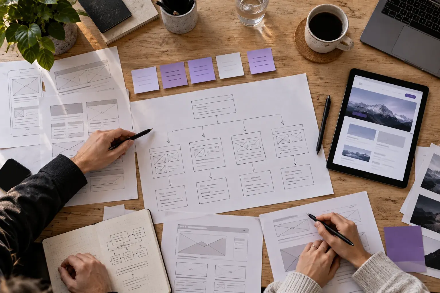 Aufsicht auf einen Holztisch mit Planungsmaterial: eine handgezeichnete Seitenstruktur, ausgedruckte Entwürfe, violette Haftnotizen und ein Tablet. Zwei Personen arbeiten mit Stiften an den Blättern, zu sehen sind nur ihre Hände.