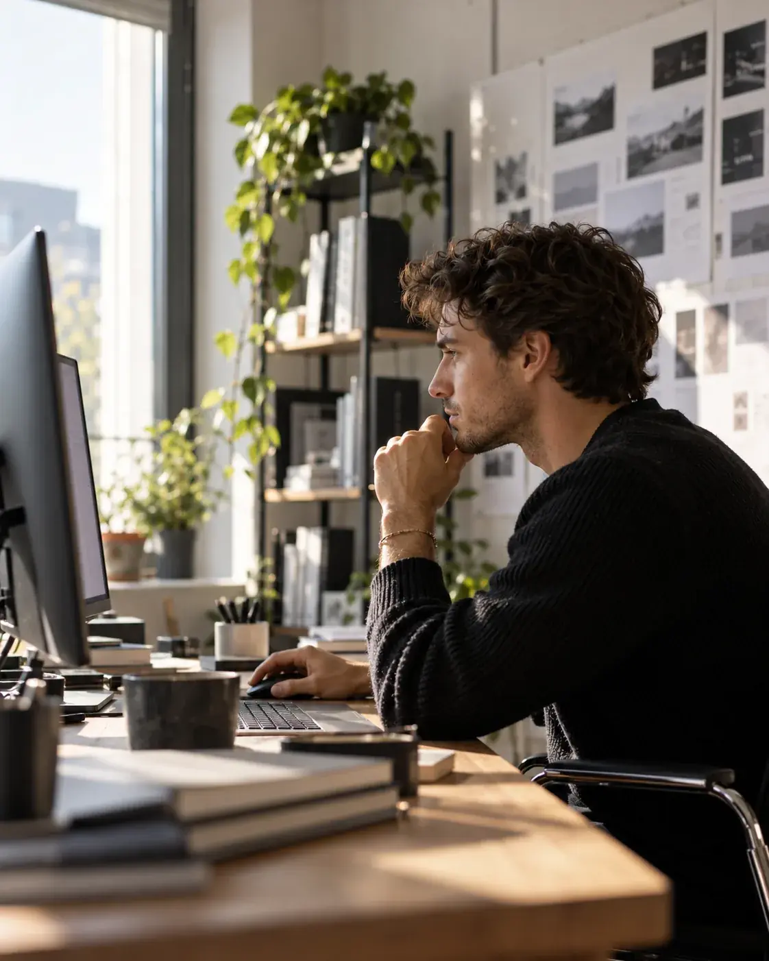Eine Person im dunklen Pullover sitzt im Profil an einem Schreibtisch und blickt nachdenklich auf einen Monitor. Im Hintergrund ein helles Studio mit Pflanzen, Regalen und aufgehängten Entwürfen.